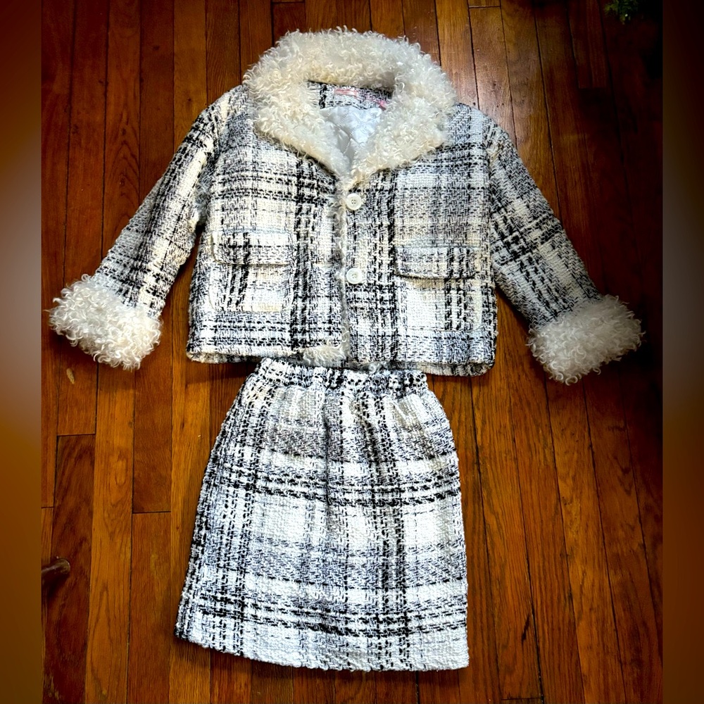 Jacket and Skirt Set with Faux Fur Trim black and white quilted jacket
